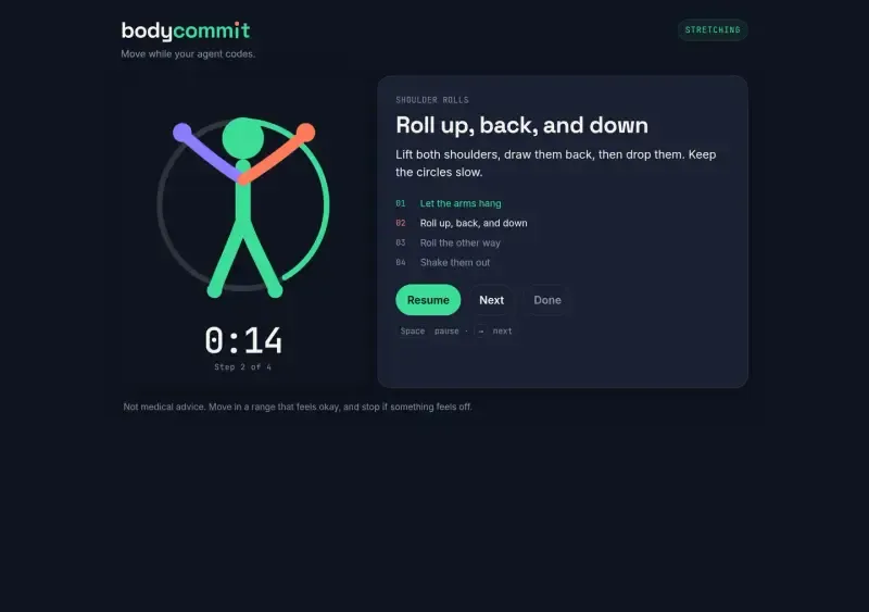 BodyCommit break screen: shoulder rolls, a 14 second timer, and the steps to roll the shoulders up, back, and down.